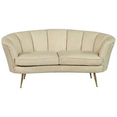 Cream Leather Shell-Back Loveseat