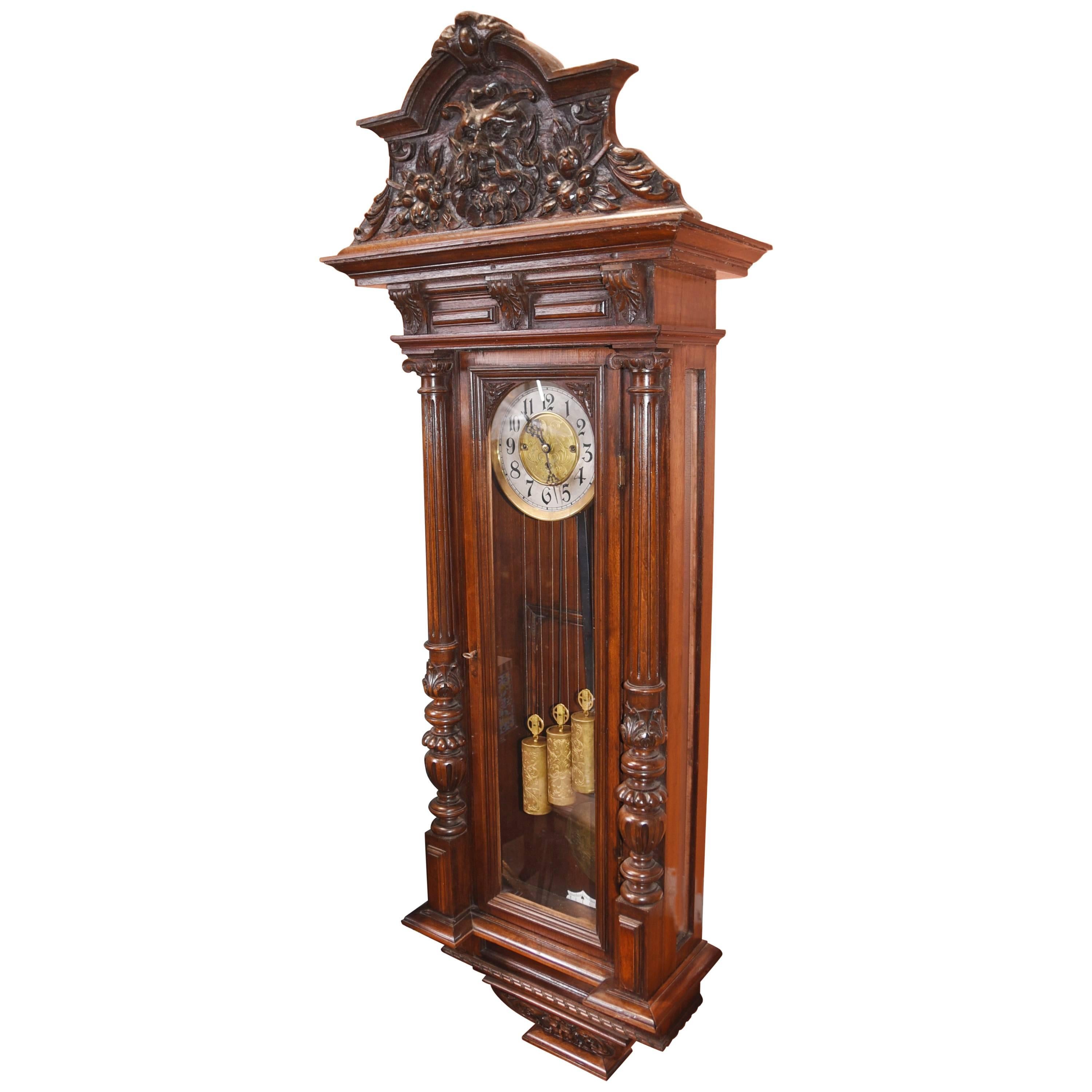 Antique Mahogany Vienna Regulator Wall Clock Hand-Carved Viennese For Sale