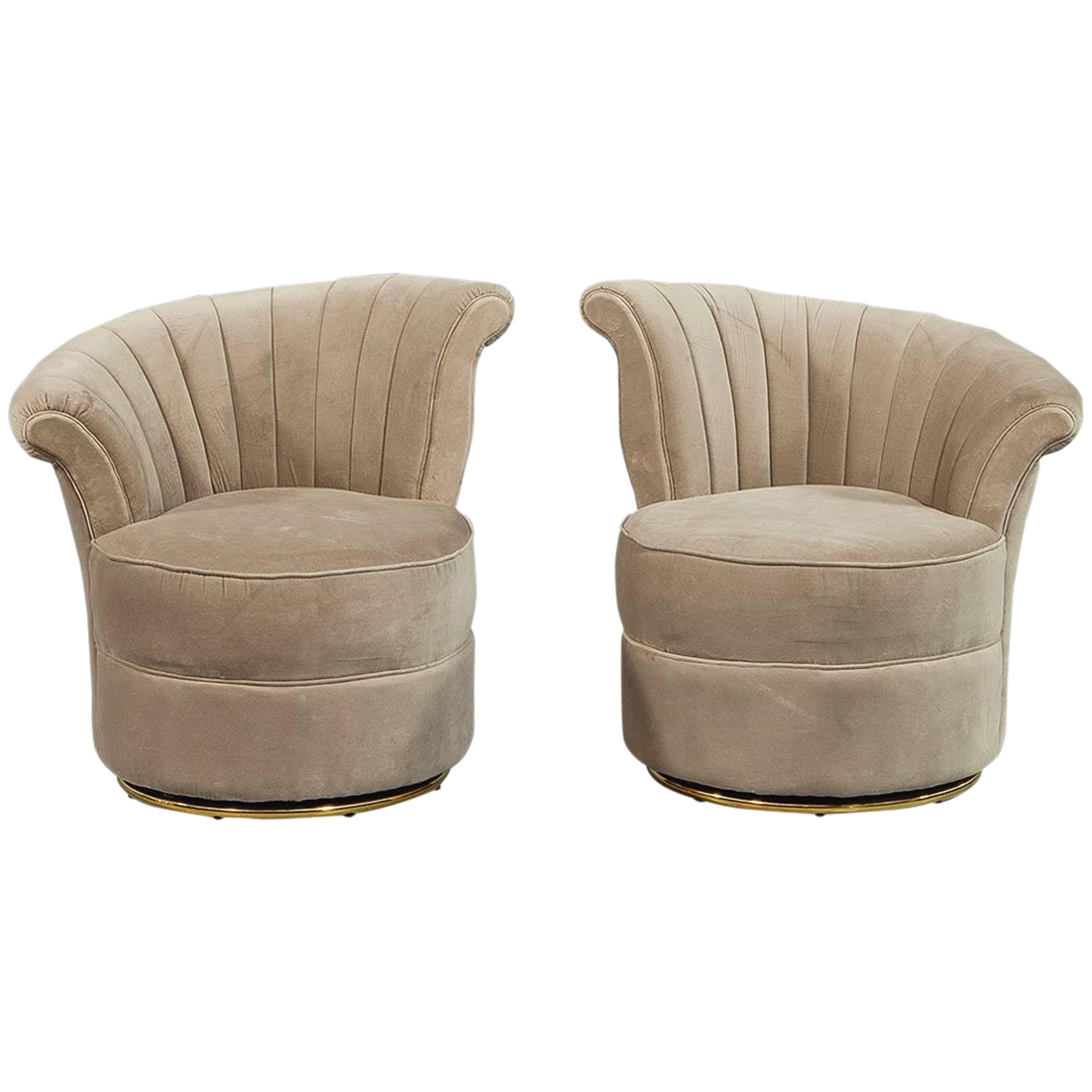 Pair of Beige Velvet Swivel Shell Occasional Chairs