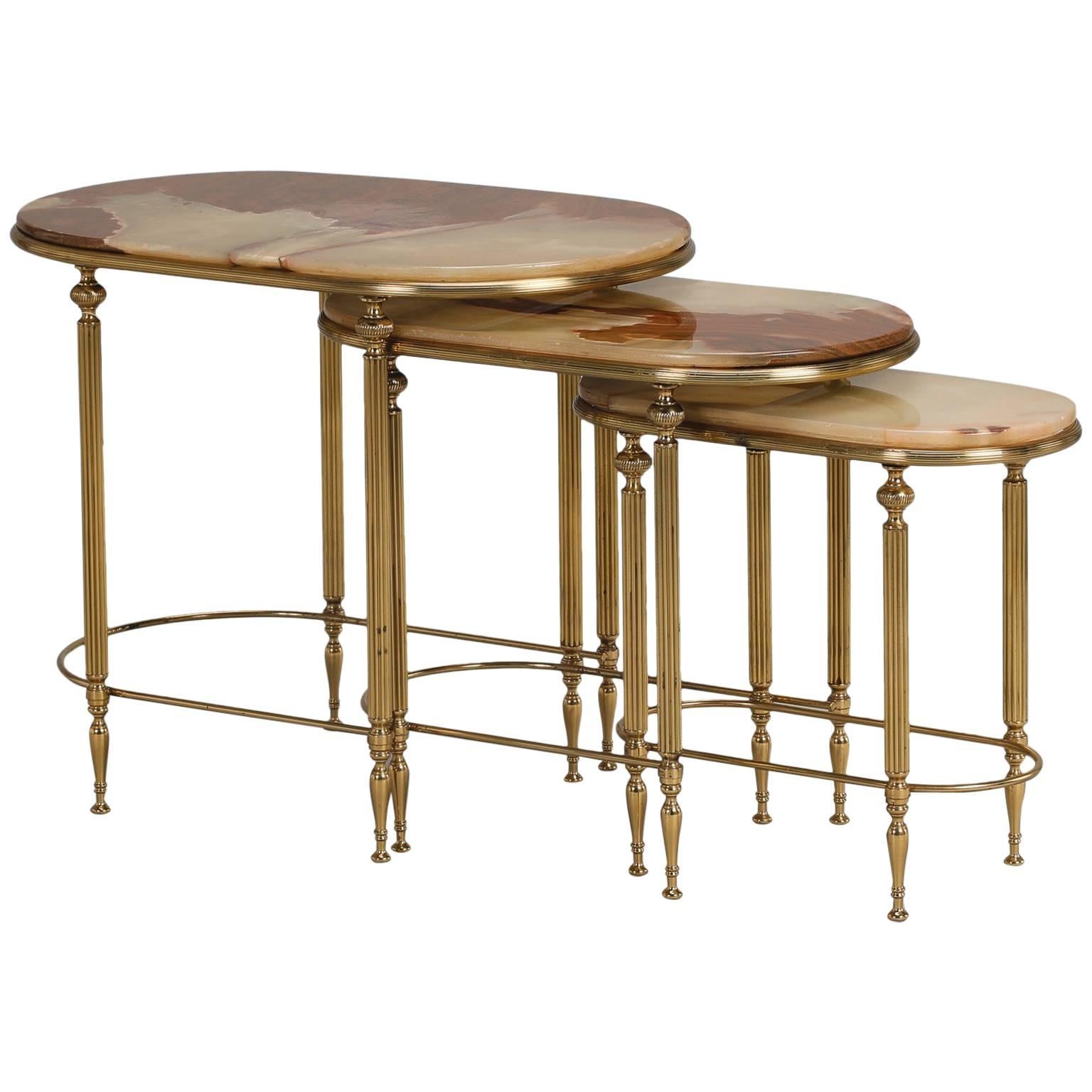 Trio of Stacking Onyx and Brass Tables