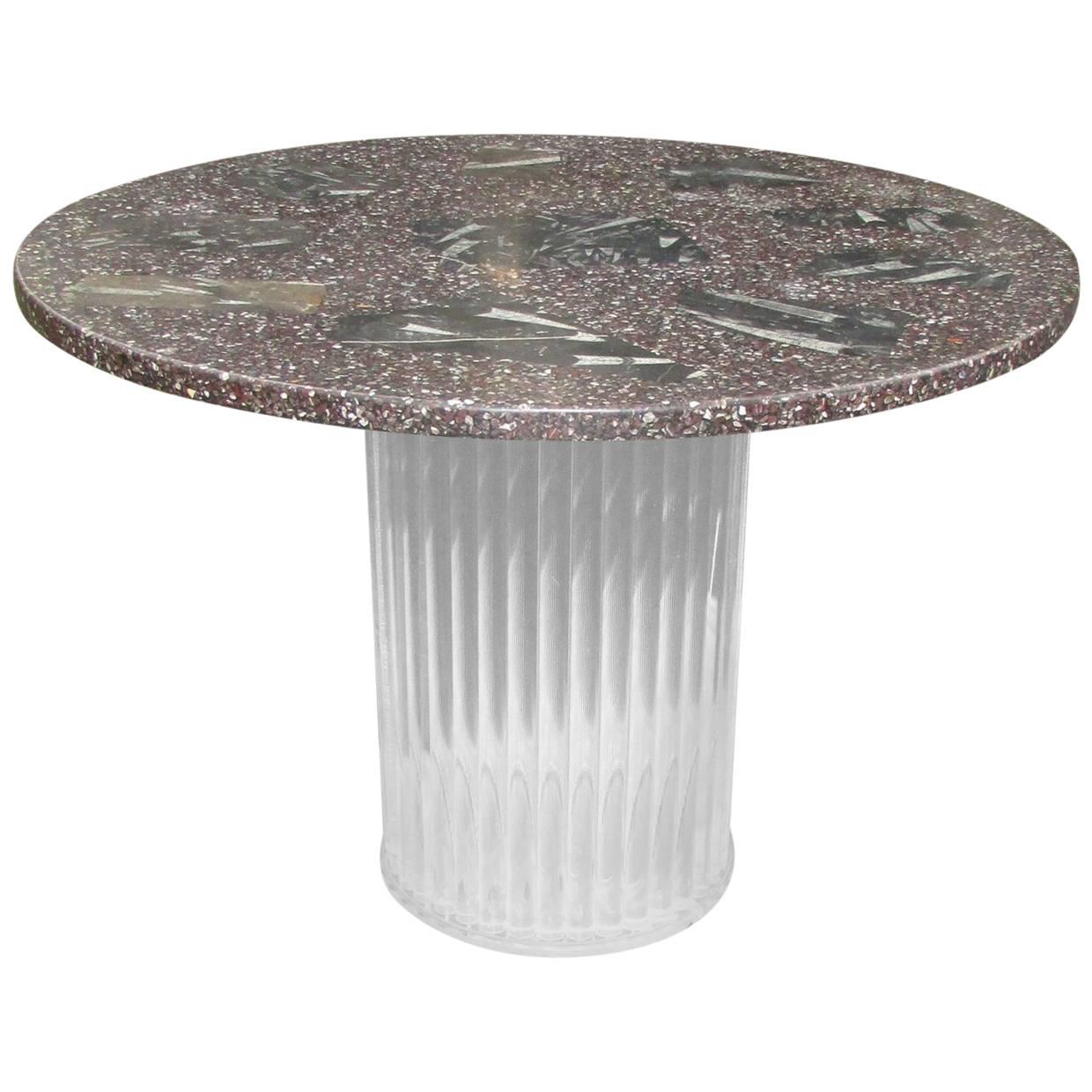 Mid-Century Modern Lucite and Fossil Stone Round Dining Table