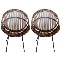 Vintage French Rattan and Iron Scoop Chairs