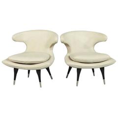 Pair of Cream Leather Retro Style Lounge Chairs