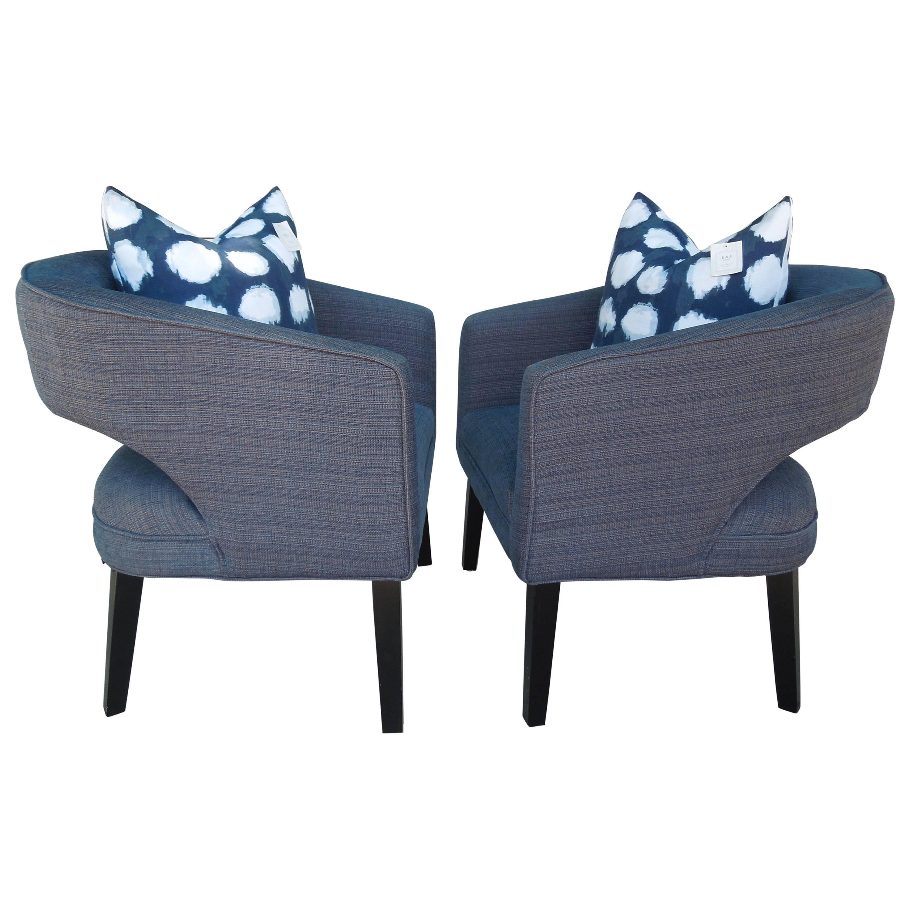 Pair of Modern Indigo Linen Club Chairs