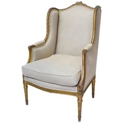 18th Century French Louis XVI Giltwood Bergère or Wingback Chair with Upholstery 2