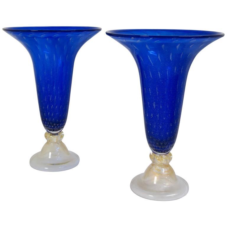 Exquisite Pair of Large Royal Blue Murano Glass Vases For Sale at
