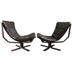 Pair of Brown Leather Falcon Chairs by Sigurd Ressel