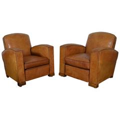 Pair of French Art Deco Club Chairs in Light Tan Leather, Perfect Condition Pair of French Art Deco Club Chairs in Light Tan Leather, Perfect Condition