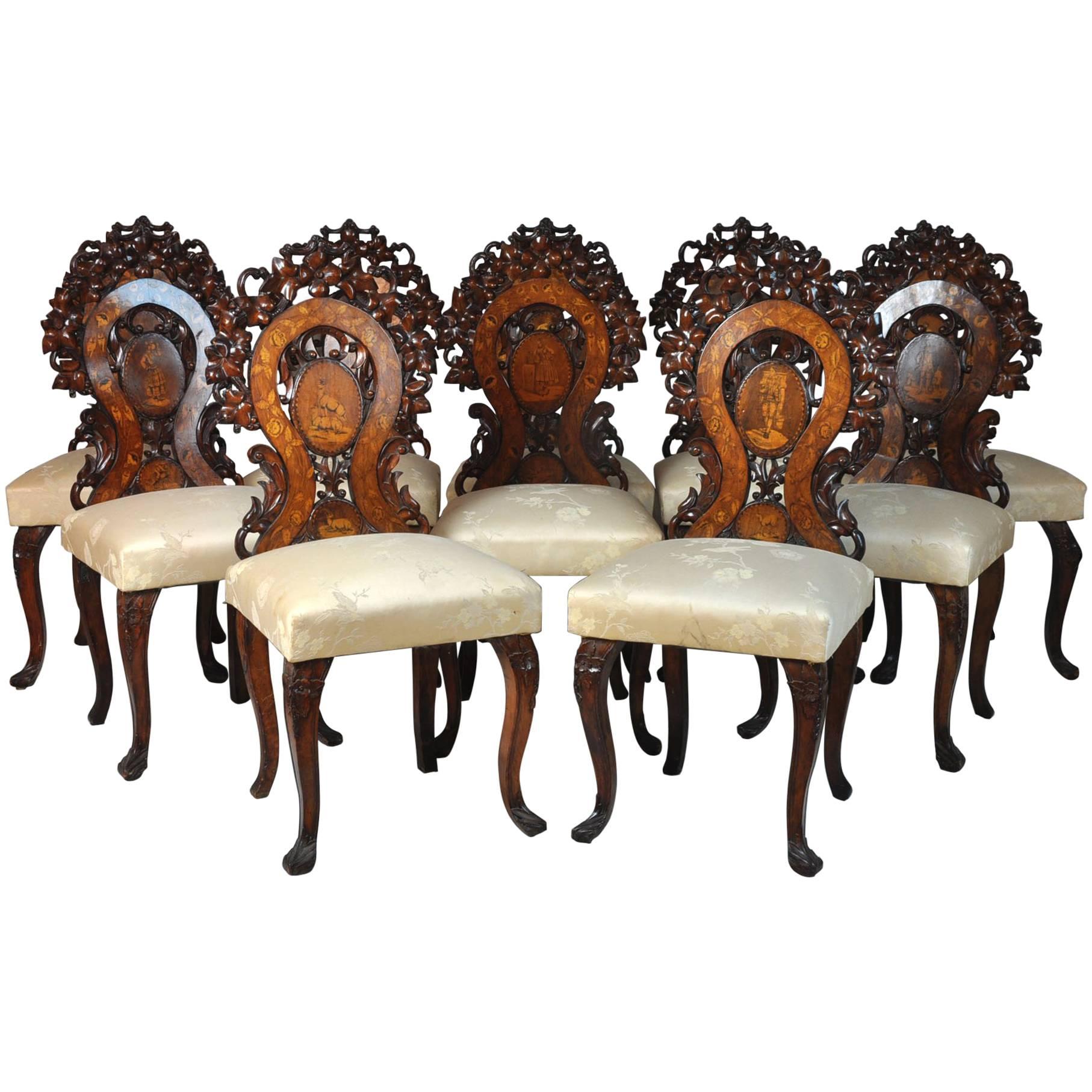 Set of Ten Black Forest Style Austrian Open Worked Backed Carved Side Chairs