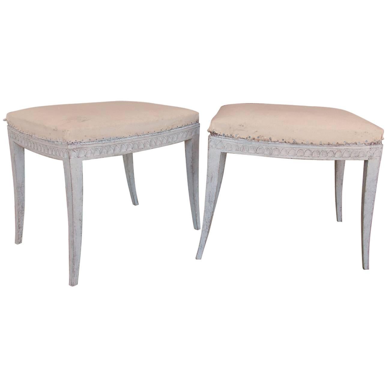 19th Century Pair of Swedish Gustavian Carved and Painted Stools with Saber Legs
