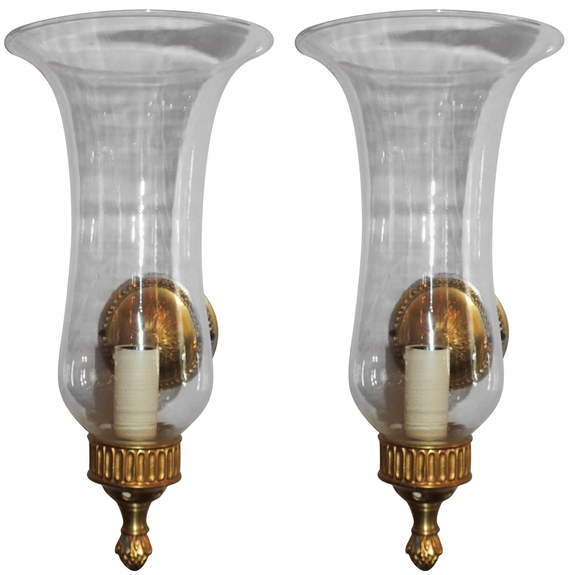 Handsome Pair French Gilt Bronze Rosette Hurricane Glass Shade Sconces Fixtures