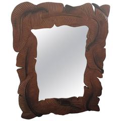 Tropical Leaf Vintage Wood Wall Mirror, Palm Beach Hollywood Regency