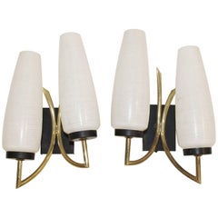 Pair of Brass and Enamel Dual Light Sconces with Glass Tulip Shades