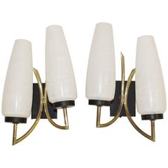 Pair of Brass and Enamel Dual Light Sconces with Glass Tulip Shades 2