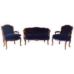French Louis XV Style Sofa Settee Armchairs Suite Three-Piece Blue