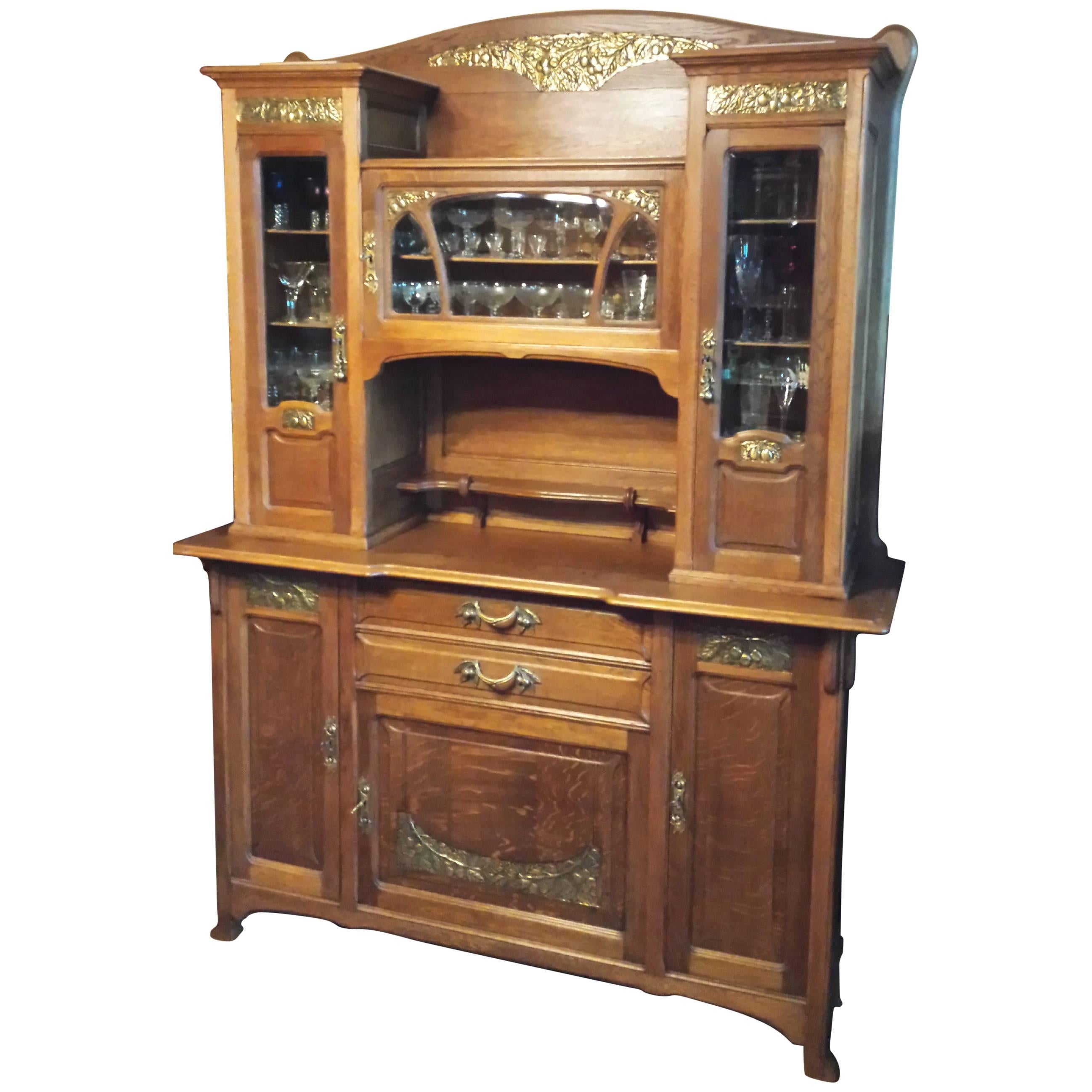 Impressive French Art Nouveau Brass and Bronze Tall Sideboard Buffet