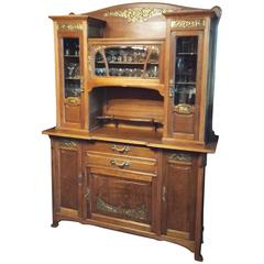 Antique Impressive French Art Nouveau Brass and Bronze Tall Sideboard Buffet