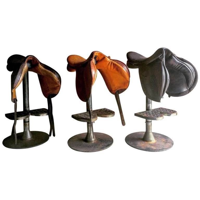 Industrial Bar Stools Leather Horse Saddle Three Steel Base Vintage at  1stDibs | horse saddle bar stools, horse saddle chair