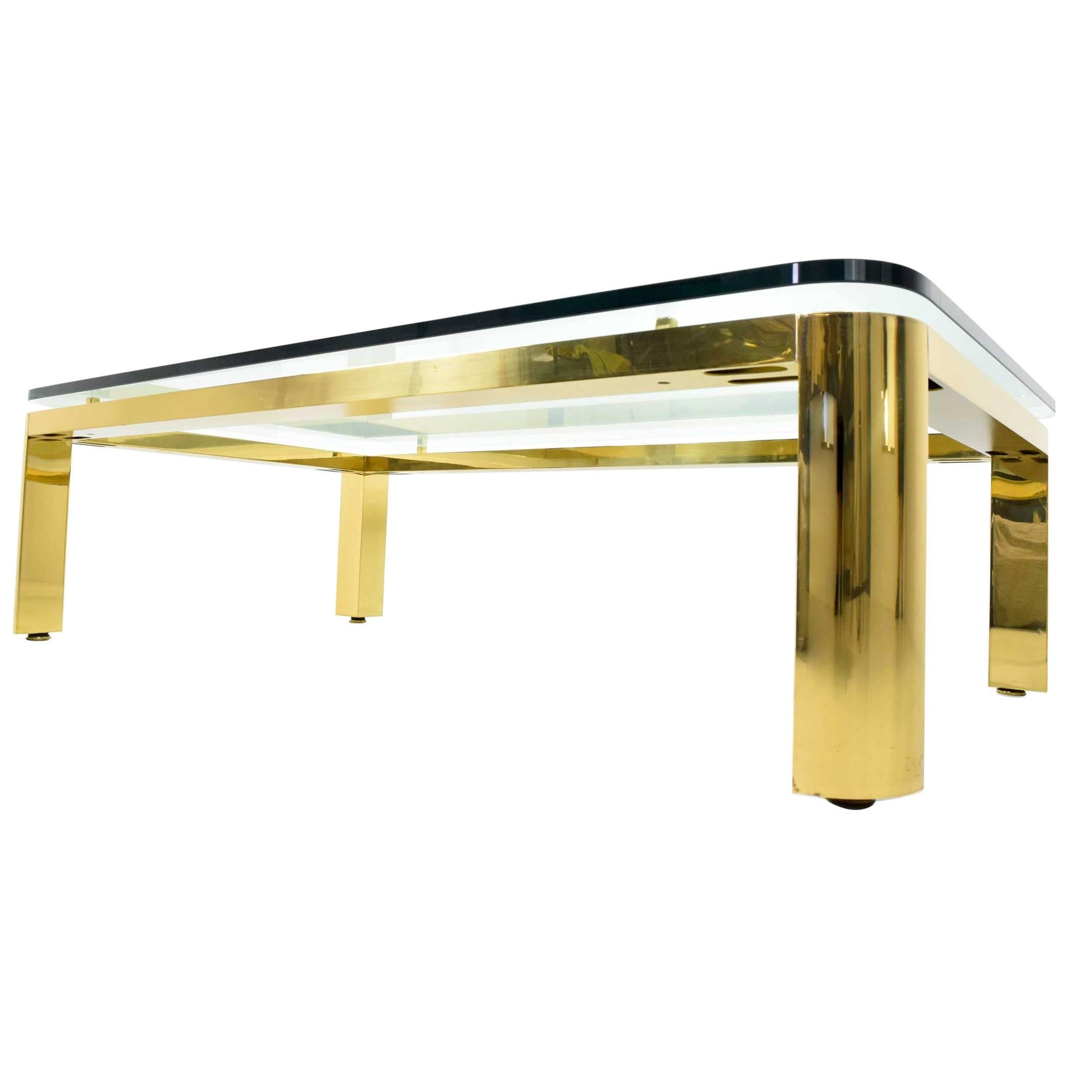 Brass Finish Base Coffee Table with Thick Glass Top, Karl Springer Style