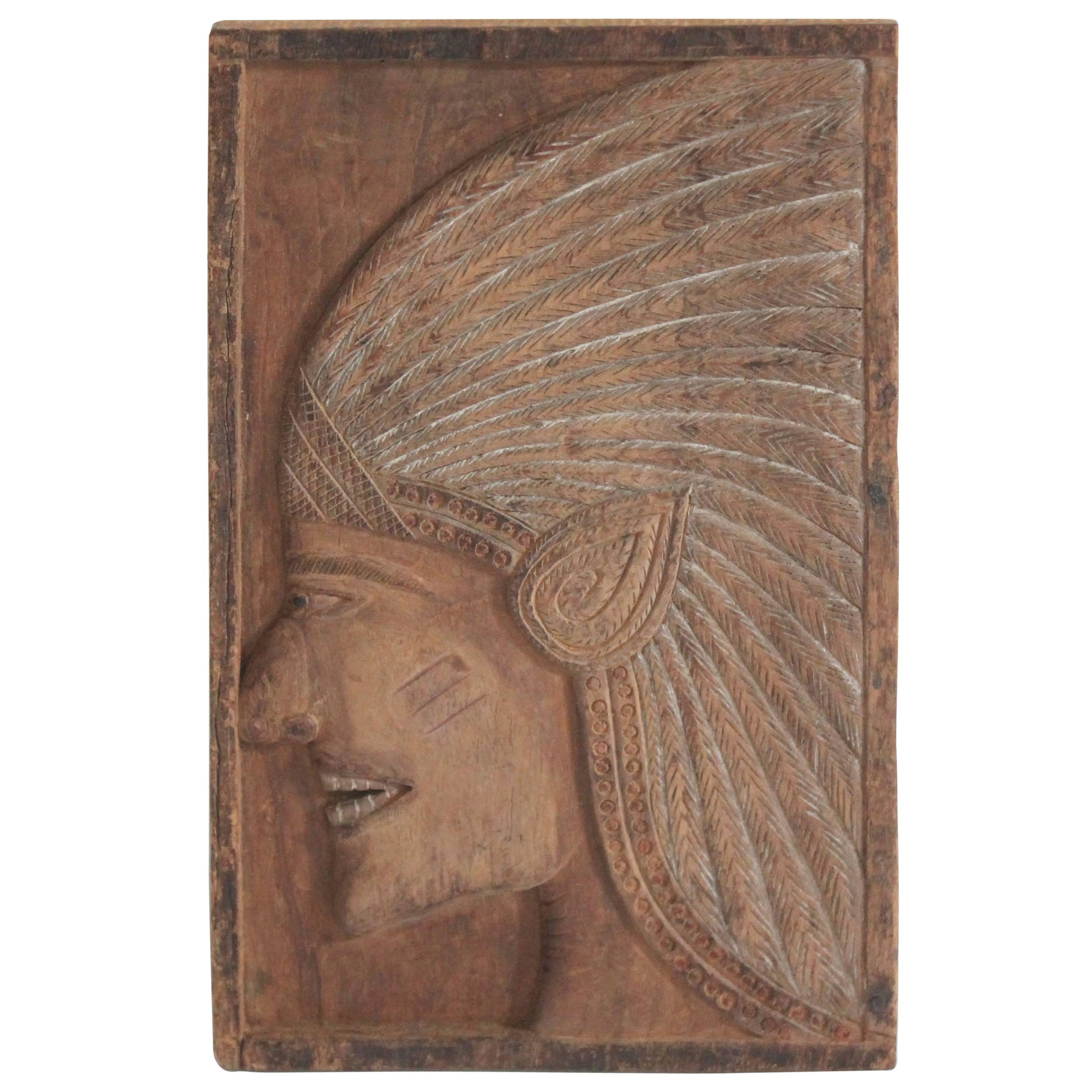 Hand-Carved Wood Indian Chief Plaque For Sale