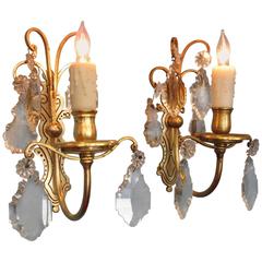 Early 20th Century Italian Neoclassical Gilt Brass and Crystal Candle Sconces