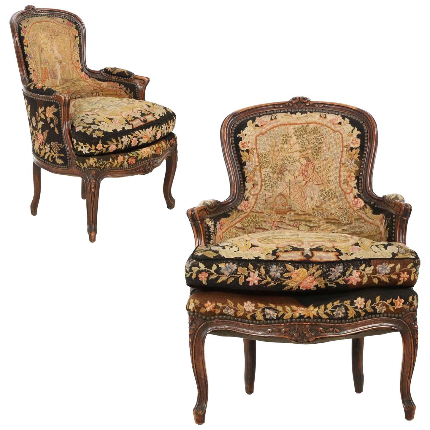 French Louis XV Pair of Fruitwood Bergeres, 19th Century