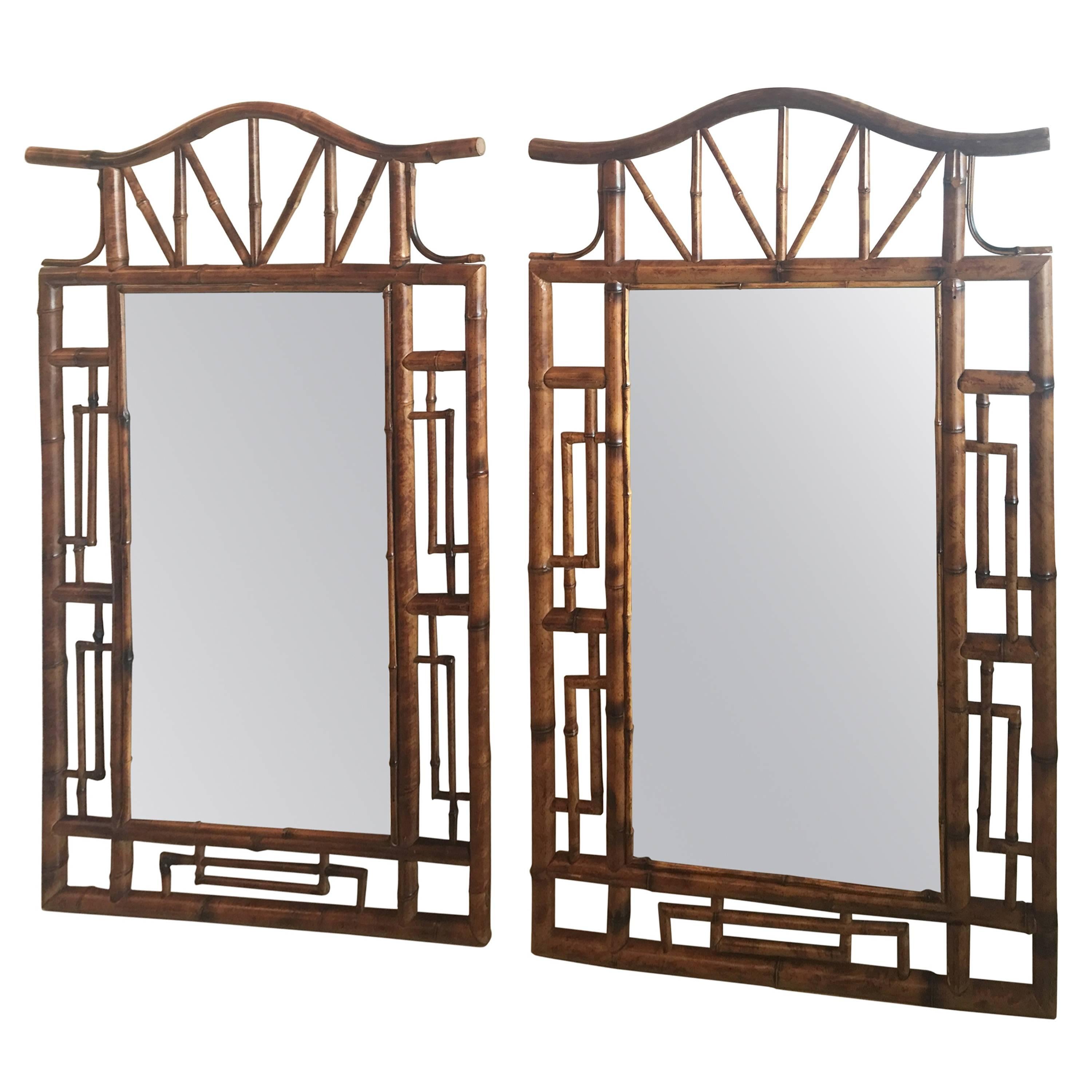 Pair of Pagoda Faux Bamboo Large Wall Mirrors Palm Beach Chinese Chippendale