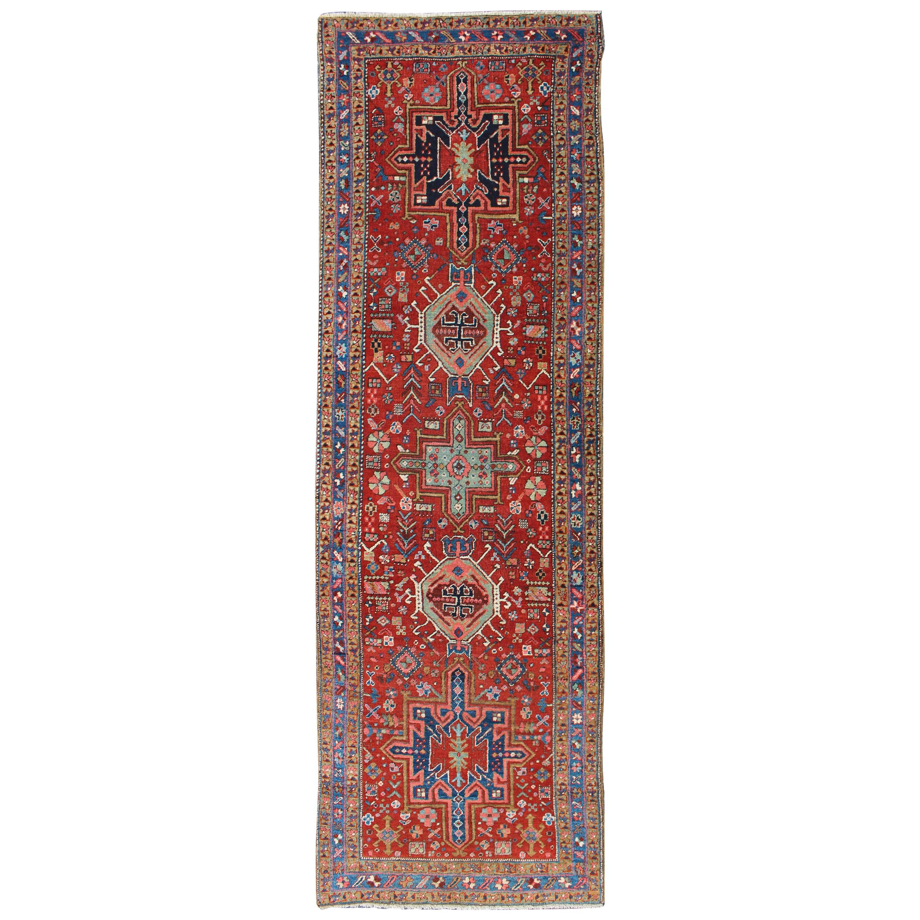 Antique Heriz Serapi Runner with Colorful Highly Stylized Geometric Design