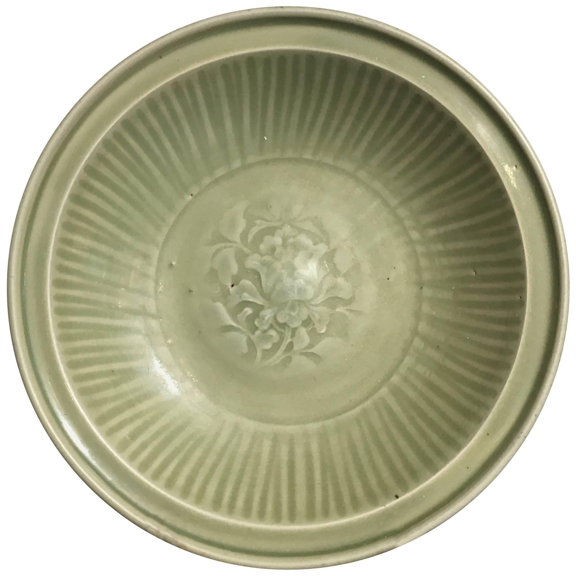 Chinese Ming Dynasty Longquan Celadon Peony Deep Dish, 14th-15th Century For Sale