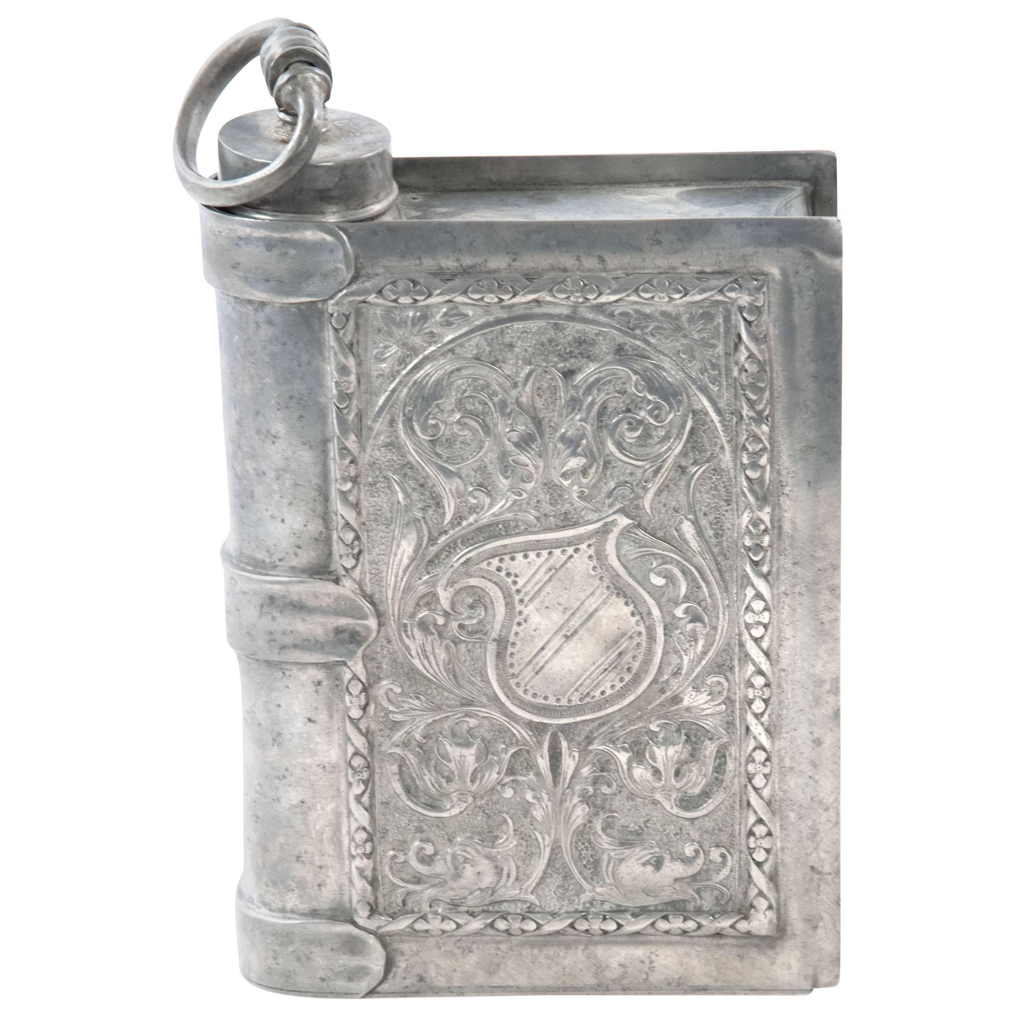 Faux-Book Pewter Flask with Renaissance-Style Engravings