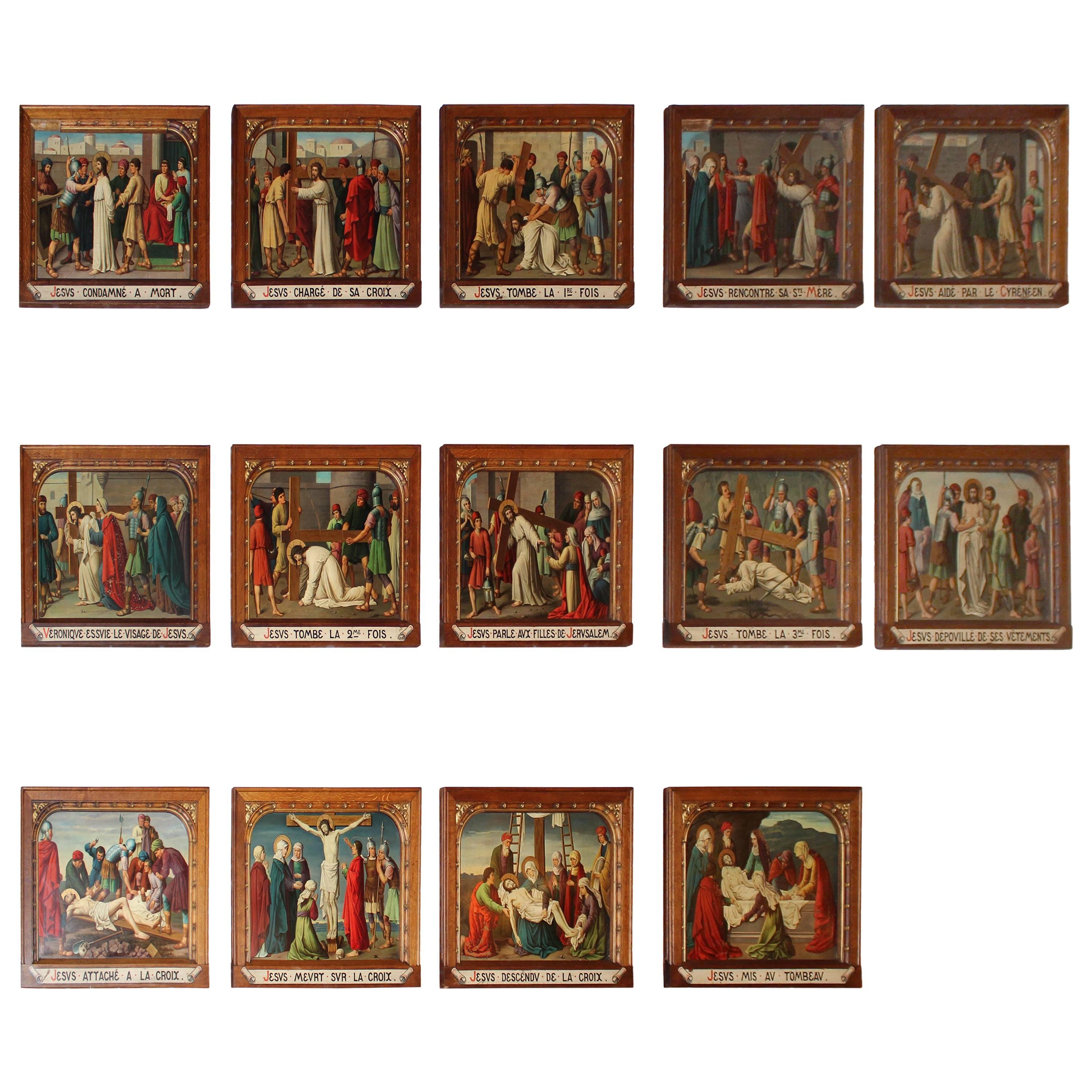 Late 19th Century French 14 Stations of the Cross Painted on Copper For Sale