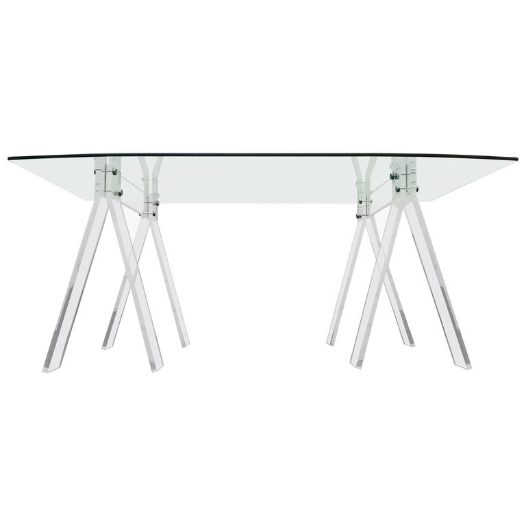 Mid Century Lucite And Chrome Saw Horse Desk Table With Boat Shaped Mid Century Lucite And Chrome Saw Horse Desk Table With Boat Shaped Glass For