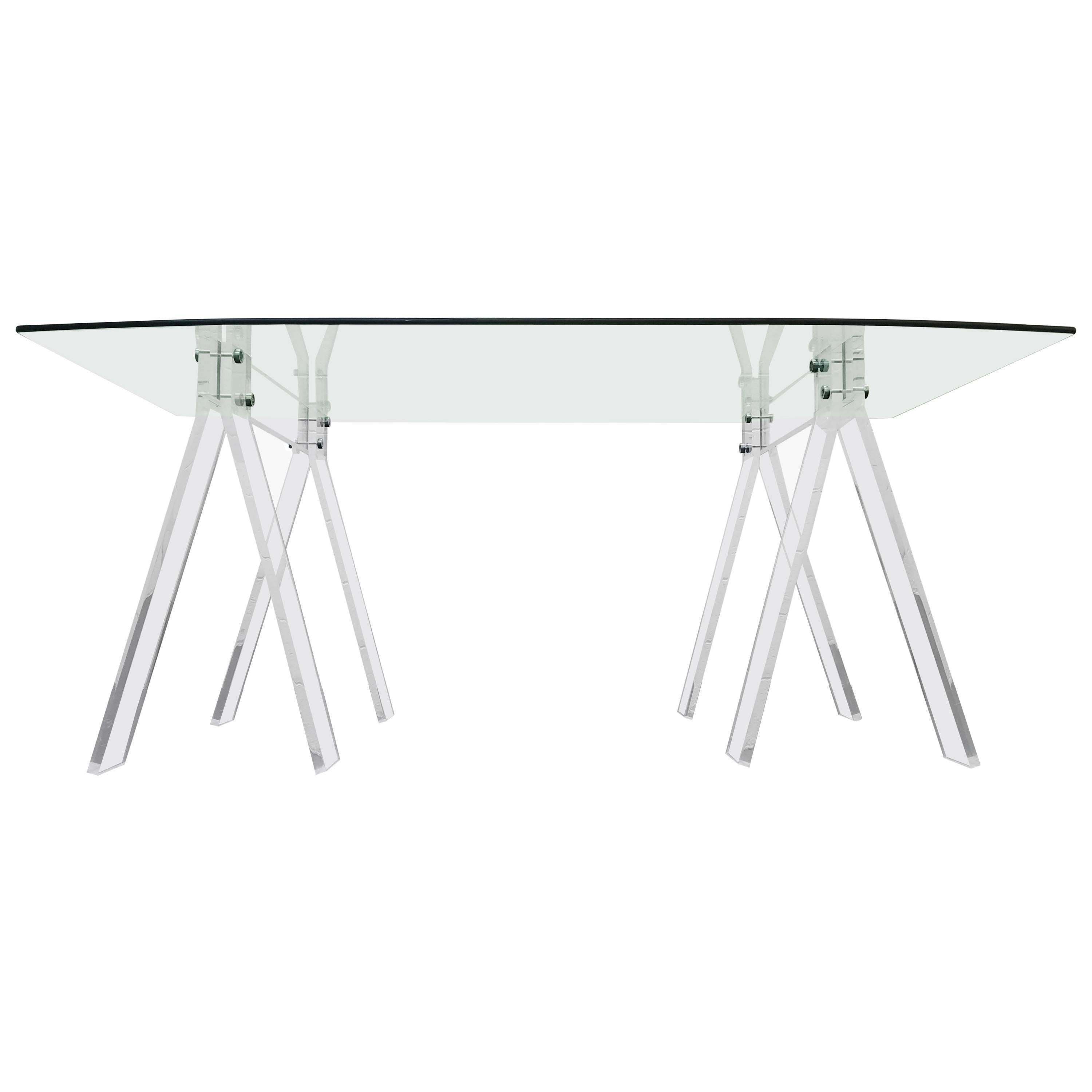 Mid-Century Lucite and Chrome Saw Horse Desk Table with Boat Shaped Glass