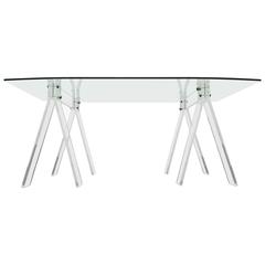 Mid-Century Lucite and Chrome Saw Horse Desk Table with Boat Shaped Glass