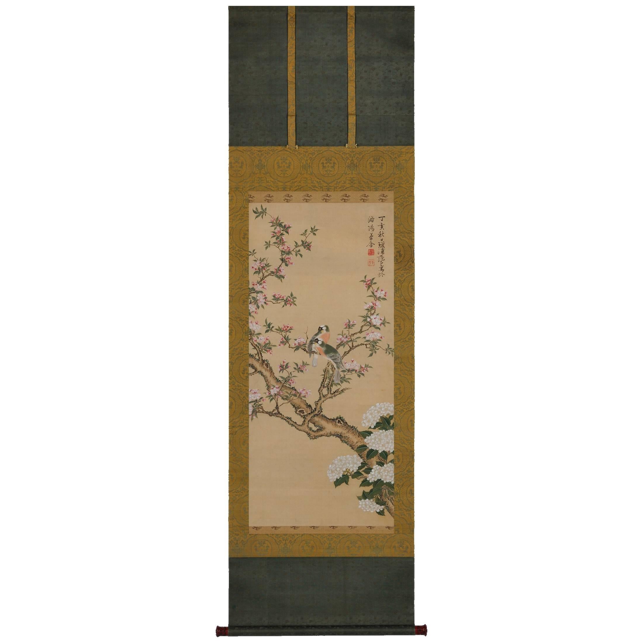 Spring Birds and Flowers, 19th Century, Japanese Scroll Painting, Nanpinha
