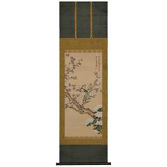 Antique Spring Birds and Flowers, 19th Century, Japanese Scroll Painting, Nanpinha