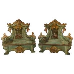 Pair of Shaped Solid Fir Lacquered and Decorated Benches Italy 17th Century