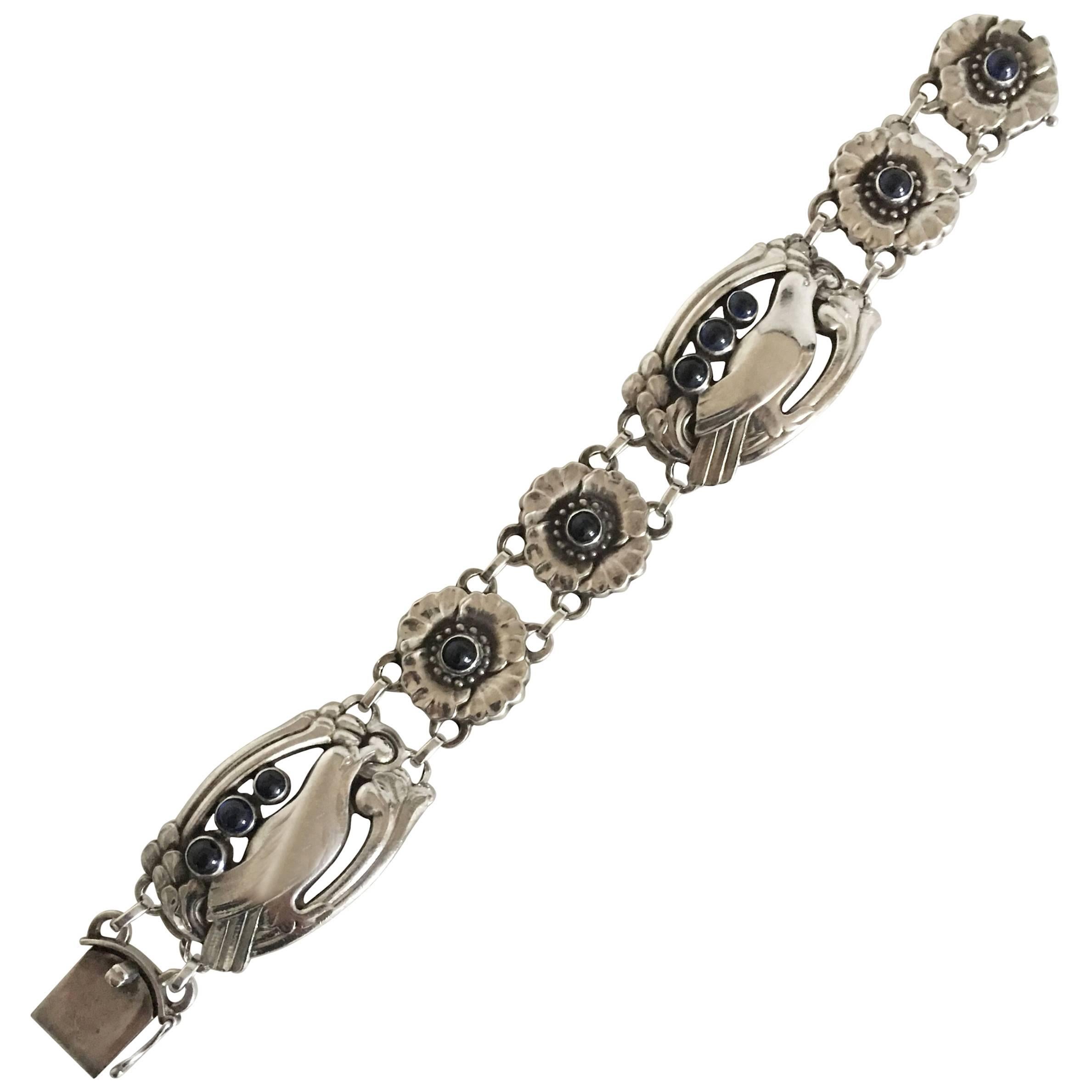 Georg Jensen Sterling Silver Bracelet #23 with Birds and Ten Synthetic Sapphires