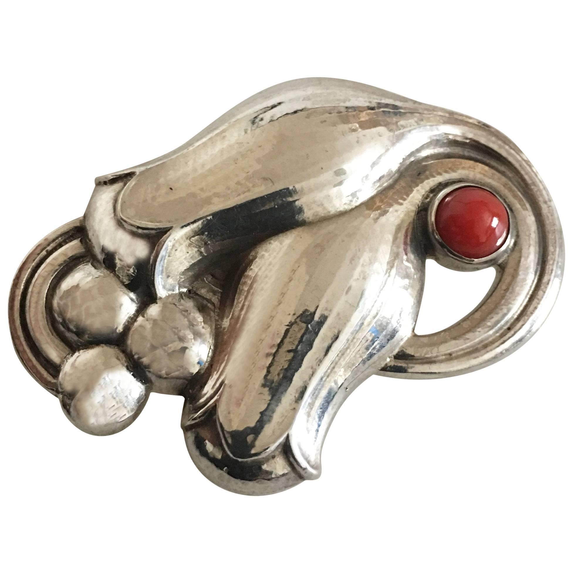 Georg Jensen Sterling Silver Tulip Brooch #100B with Coral