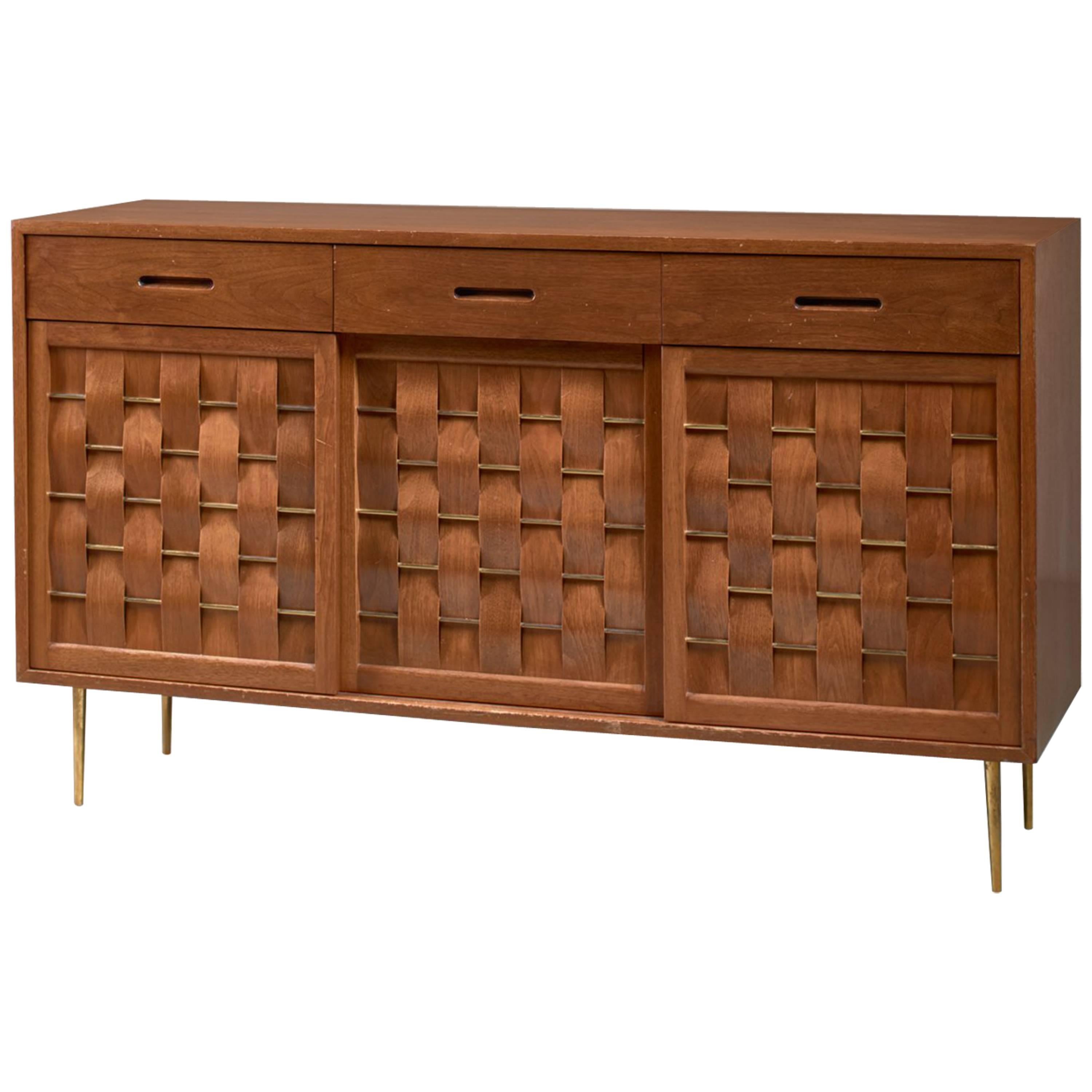 Edward Wormley Woven Credenza with Rare Brass Legs and Details for Dunbar, 1950s For Sale