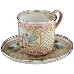 19th Century French Solid Silver & Hand-Painted Enamel Cup & Saucer, circa 1890