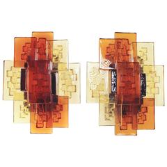 Pair of Holm Sorensen Yellow, Orange Modern Art Glass Wall Lights, 1960s