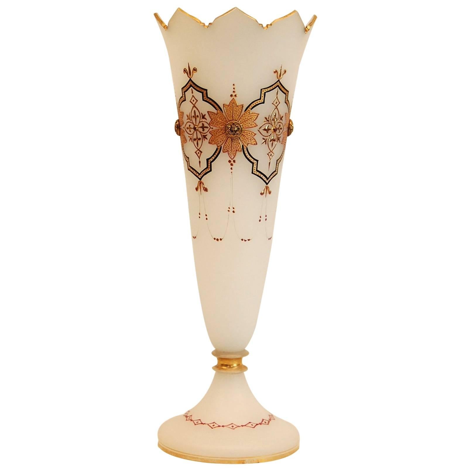 19th Century French Opaline Satin Glass Vase with Raised Gold Decorations