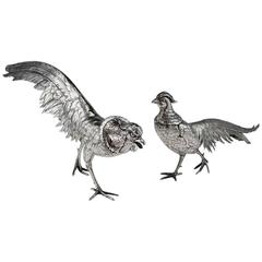 Antique 20th Century German Solid Silver Pair of Pheasant Statues, circa 1900