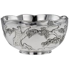 Antique Meiji Japanese Solid Silver Cherry Blossom Bowl, circa 1890