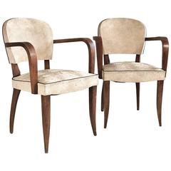 Pair of 1960s Mid-Century Belgian White Vinyl Chairs with Sculpted Oak Frames
