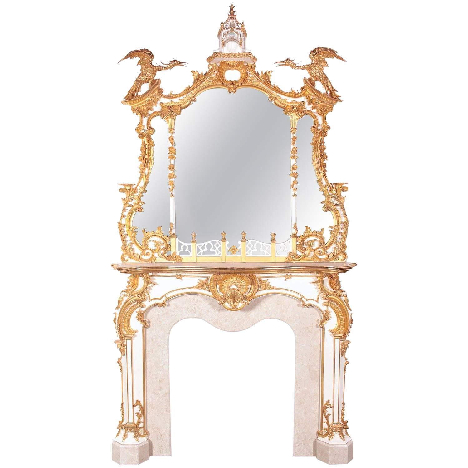 Chippendale 18th Century Style Fireplace Surround and Mirror For Sale