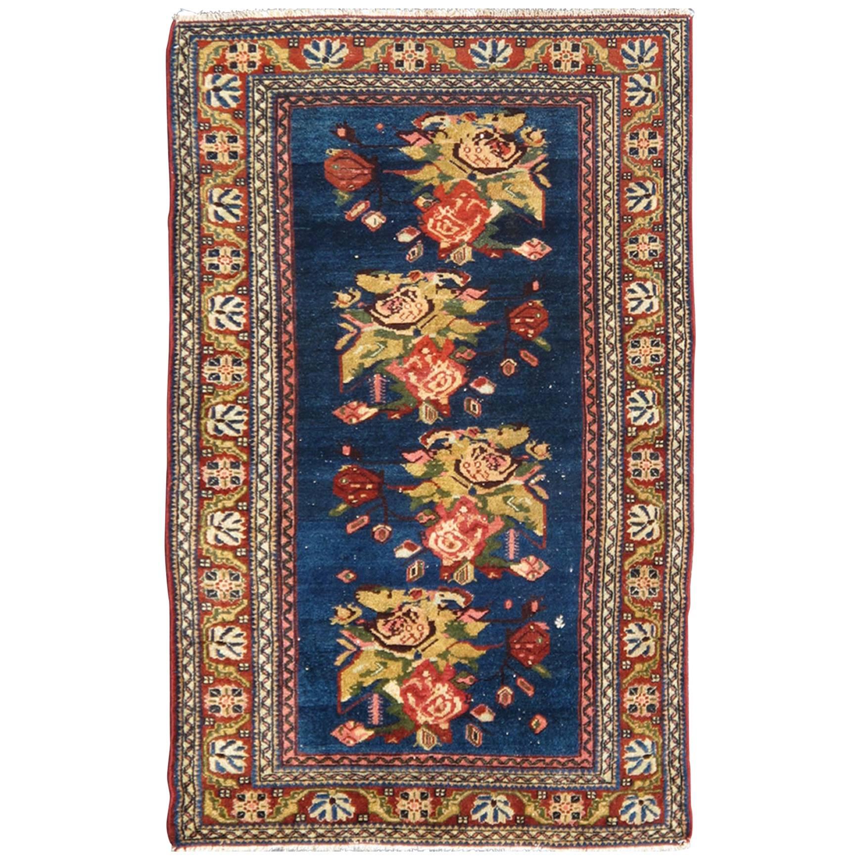 Antique Malayer Persian Carpet with Large Flowers on Deep Blue Field For Sale