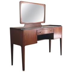 Vintage 1960s French Mid-Century Glass Topped Rosewood Dressing Table with Brass Detail