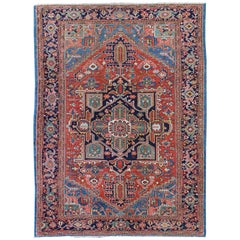 Antique Heriz-Serapi Persian Carpet with Geometric Medallion in Red and Blue